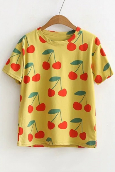 Summer's Cherry Printed Round Neck Short Sleeve Basic Pullover Graphic T-Shirt