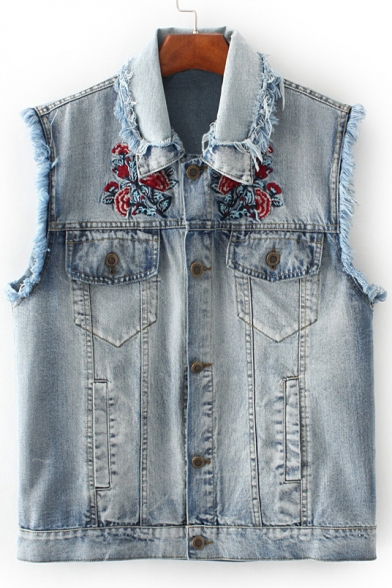 Women's Bleached Fringe Trim Sleeveless Single Breasted Embroidery Floral Pattern Denim Vest