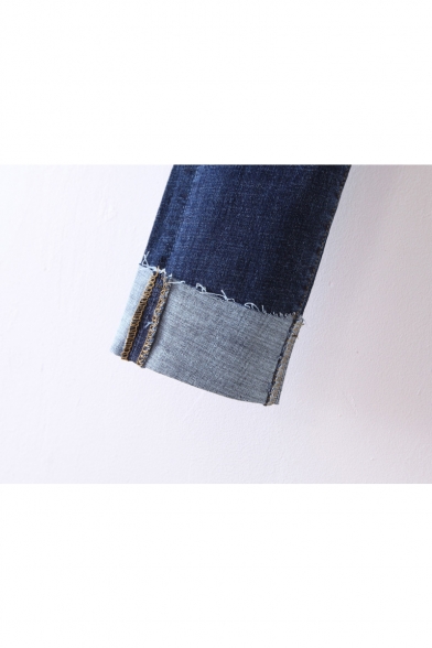 Basic Plain Mid Waist Fringe Trim Roll Up Cuff Capri Jeans