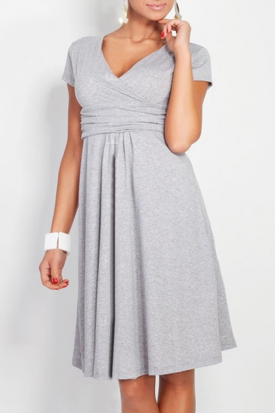 Elegant Plunge Neck Cap Sleeve Solid Color Gathered Waist A-Line Midi Dress