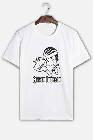 Fashion Cartoon Basketball Printed Short Sleeve Round Neck Casual Tee