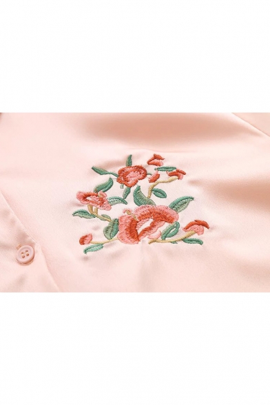 Floral Embroidery Pattern Single Breasted Lapel Long Sleeve Shirt