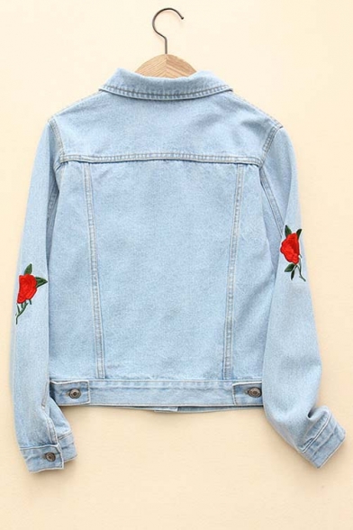 Hot Fashion Rose Embroidered Lapel Collar Long Sleeve Single Breasted Denim Jacket