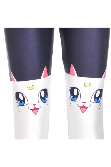 Lovely Fashion Cartoon Cat 3D Printed Color Block Leggings