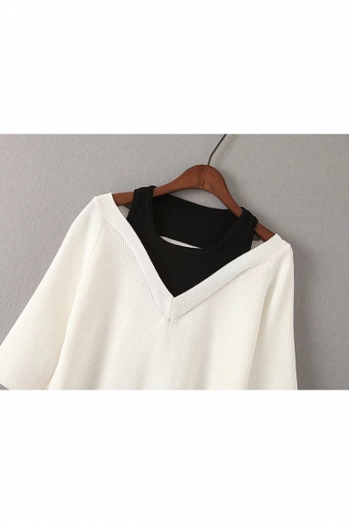 New Fashion Fake Two-Piece Round Neck Half Sleeve Color Block High Low Hem Sweater