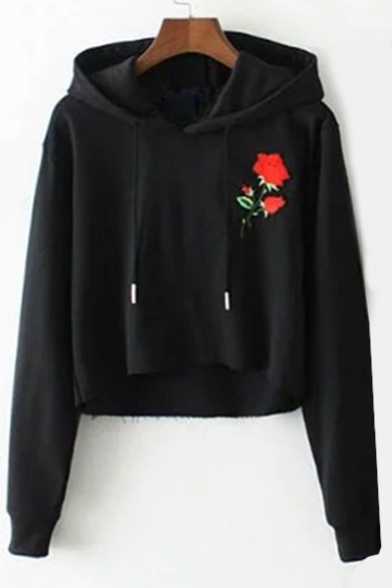 New Fashion Rose Embroidered Long Sleeve High Low Hem Casual Hoodie ...