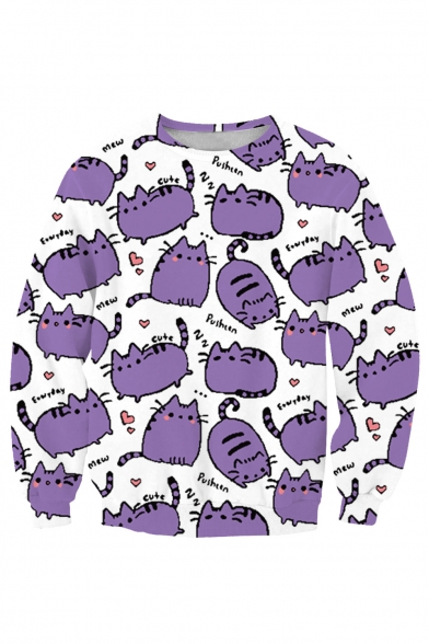 Purple Cat Letter Printed Round Neck Long Sleeve Pullover Casual Loose Sweatshirt