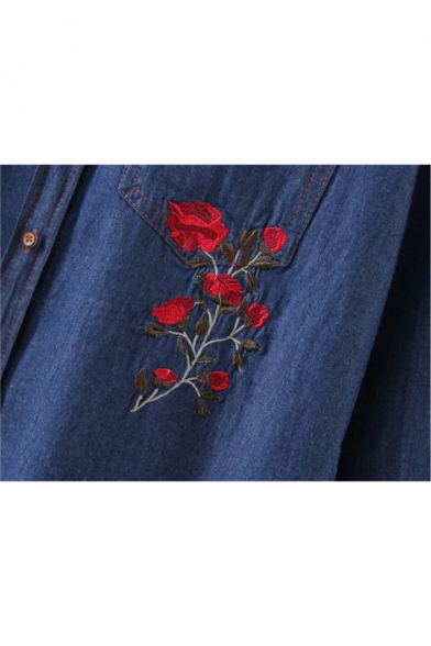 Rose Embroidered Lapel Collar Long Sleeve Denim Shirt with Single Pocket