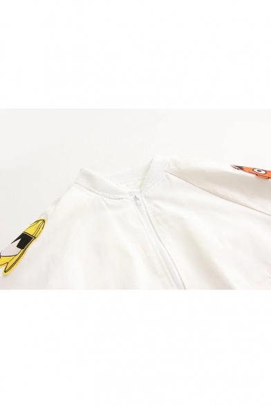 Stand-Up Collar Long Sleeve Cartoon Printed Loose Zip Placket Baseball Jacket