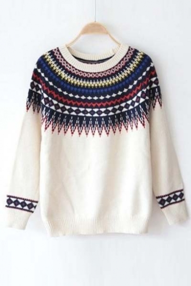 Vintage Diamond Tribal Printed Round Neck Long Sleeve Pullover Sweater