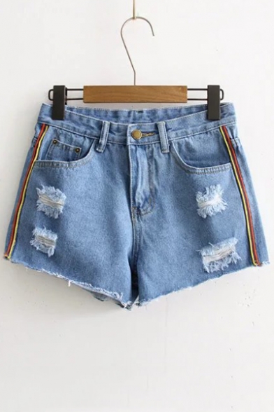 Women's Striped Sides Ripped Front Denim Shorts