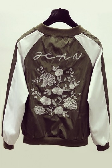 Embroidery Floral Pattern in Back Contrast Raglan Long Sleeve Zipper Placket Bomber Jacket