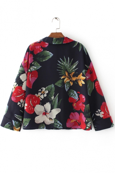 New Arrival Notched Lapel Floral Printed Single Breasted Color Block Coat