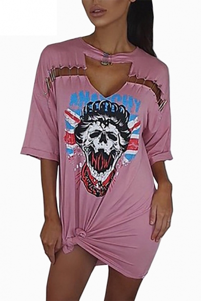 Round Neck Half Sleeve Hollow Out Printed Tunic Leisure Graphic T-Shirt