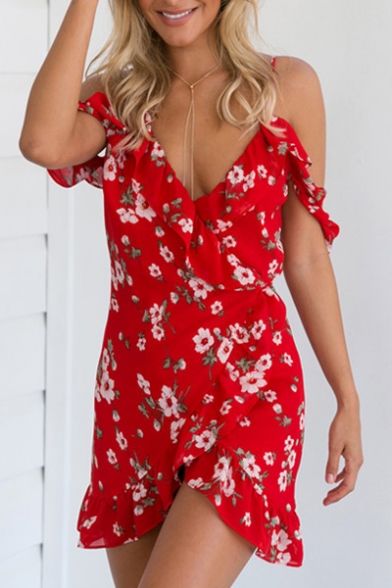 Sexy Glamorous Spaghetti Straps V-Neck Cold Shoulder Ruffle Front Floral Printed Wrap Dress