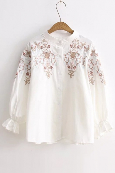 Stand-Up Collar Long Sleeve Floral Embroidered Buttons Down Shirt