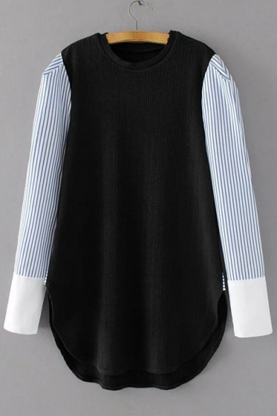 Striped Color Block Long Sleeve Patchwork Round Neck Mini T-Shirt Dress