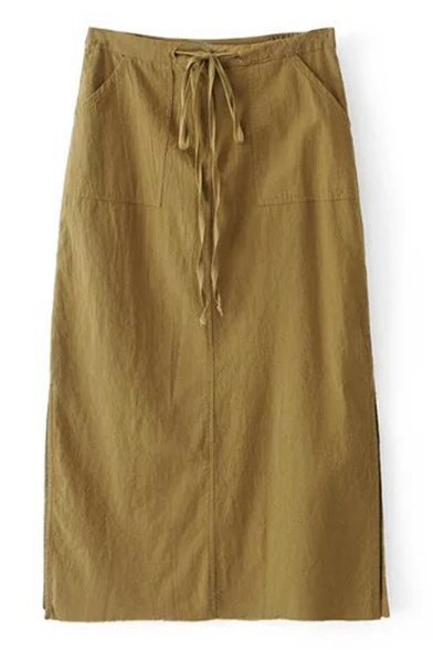 Women's Drawstring Waist Split Sides Plain Maxi Bodycon Skirt