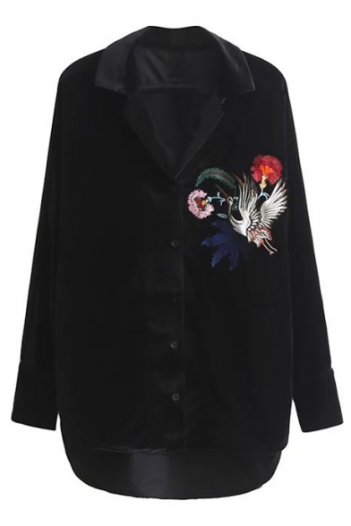 Crane Floral Embroidered Lapel Collar Long Sleeve High Low Hem Shirt