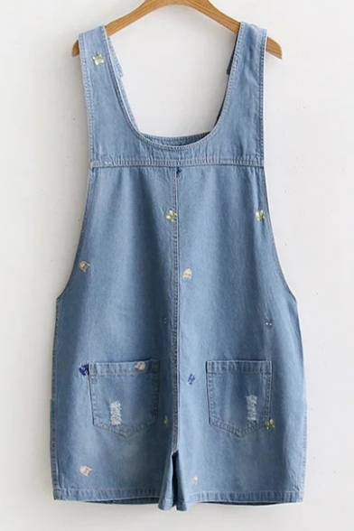 Cute Embroidery Cat Face Pattern Straps Sleeveless Denim Overalls