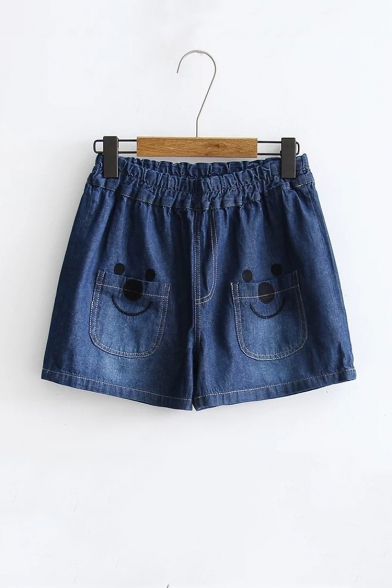 Cute Embroidery Smile Face Pattern Elastic Waist Denim Shorts