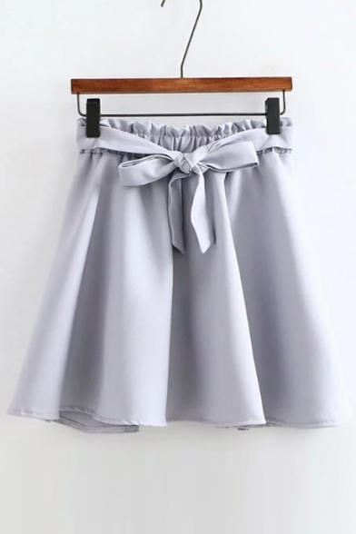 Elastic Waist Bow Tie Front Solid Color A-Line Mini Skirt