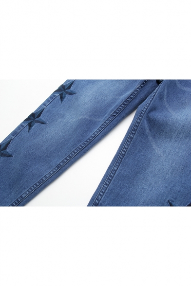 Embroidery Star Pattern Mid Waist Ankle Length Pencil Jeans