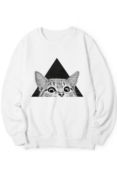 Fashion Geometric Cat Animal Printed Long Sleeve Round Neck Pullover Sweatshirt