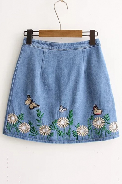Floral Embroidered High Rise Basic Zip Back A-Line Mini Basic Denim Skirt