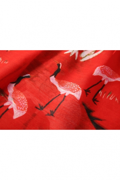 New Arrival Half Sleeve Crane Printed Split Sides Tunic Top with Elastic Lace Capri Pants