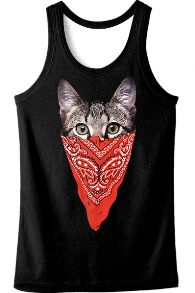 New Fashion Round Neck Sleeveless Cat Printed Pullover Casual Loose Tank Tee