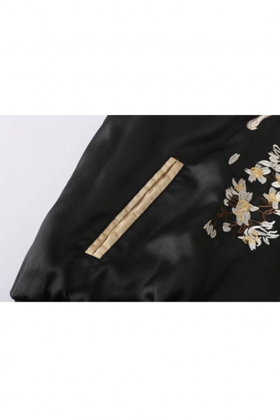 Reversible Embroidery Crane Pattern Raglan Sleeve Zipper Placket Bomber Jacket