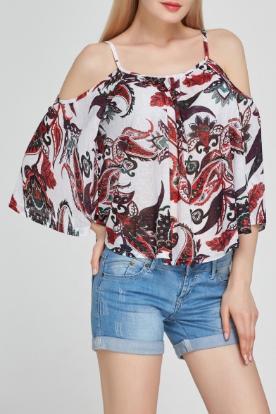 Sexy Cold Shoulder Spaghetti Straps 3/4 Length Sleeve  Floral Printed Blouse