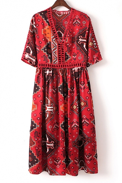 Sexy Hollow Out Ladder V-Neck Geometric Printed Half Sleeve Maxi Dress