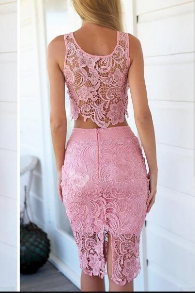 Sexy Sleeveless Cropped Lace Top with Plain Lace Bodycon Midi Skirt