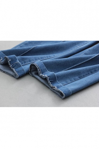 Simple Leisure Roll Up Cuffs Plain Straight Basic Jeans