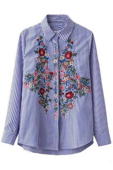 Striped Embroidery Floral Pattern Single Breasted Long Sleeve Tunic Shirt
