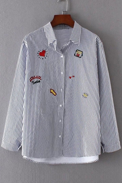 Vertical Striped Embroidery Pattern Long Sleeve Lapel Single Breasted Shirt