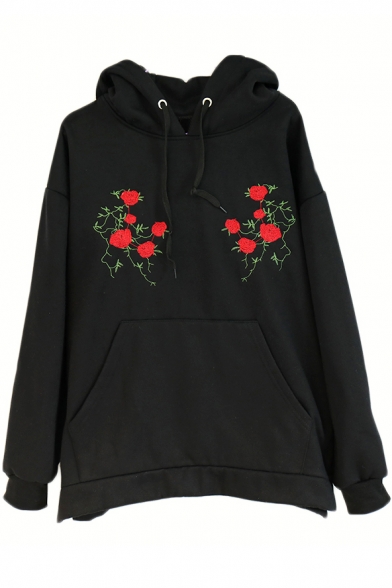 Women's Drawstring Hooded Embroidery Floral Pattern Hoodie Sweatshirt with A Kangaroo Pocket