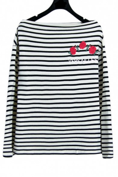 Boat Neck Embroidery Floral Pattern Striped Color Block Pullover Sweater Top