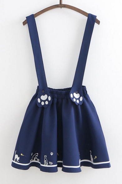 Cute Cartoon Cat Printed Elastic Waist Mini Overall Skirt