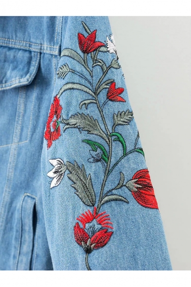 Embroidery Crane Floral Pattern Single Breasted Lapel Denim Jacket