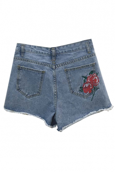 High Waist Rose Embroidered Back Pocket Raw Edge Leisure Denim Shorts