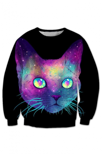 Hot Fashion 3D Cartoon Cat Printed Round Neck Long Sleeve Pullover Loose Sweatshirt