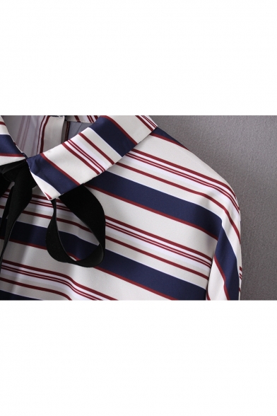New Arrival Striped Color Block Bow Tied Lapel Long Sleeve Shirt