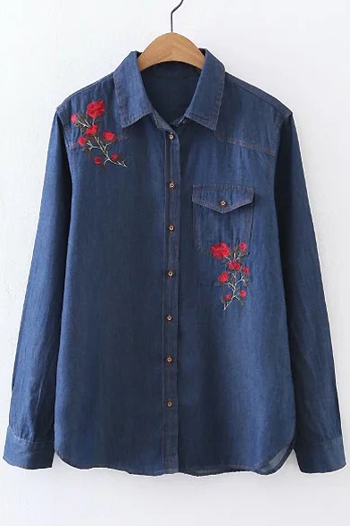 Rose Embroidered Lapel Collar Long Sleeve Denim Shirt with Single Pocket
