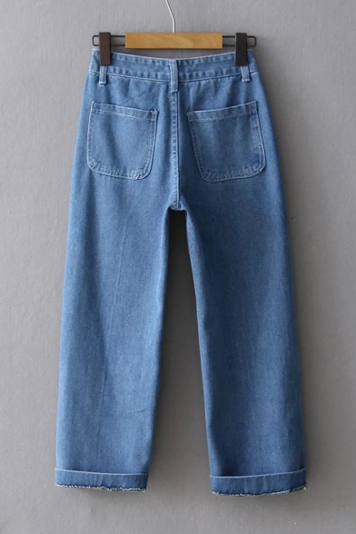 Simple Leisure Roll Up Cuffs Plain Straight Basic Jeans