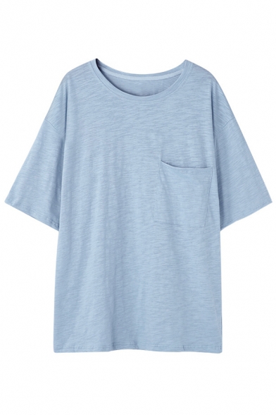 Simple Round Neck Half Sleeve Plain Off-Duty Tee with One Pocket