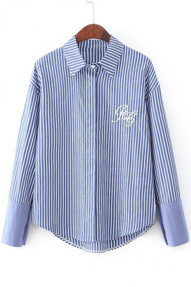 Striped Single Breasted Lapel Embroidery Letter High Low Hem Shirt