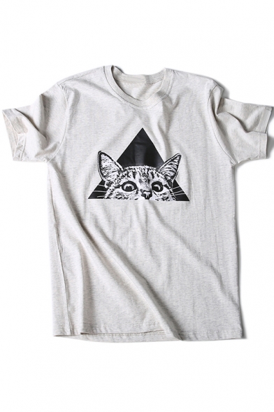 Stylish Cartoon Cat Printed Round Neck Short Sleeve Cotton Pullover Leisure T-Shirt
